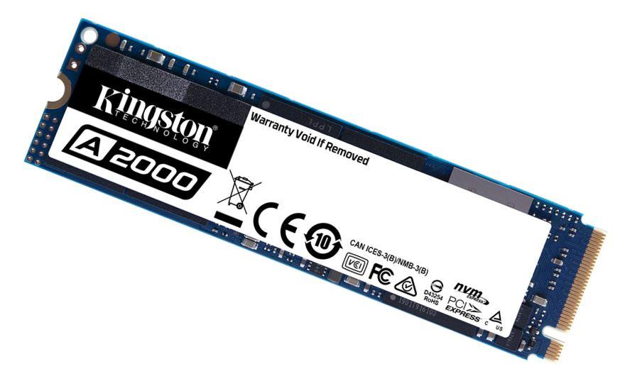 Kingston A2000 250GB M.2 NVMe PCIe SSD showcasing its slim design and advanced technology.