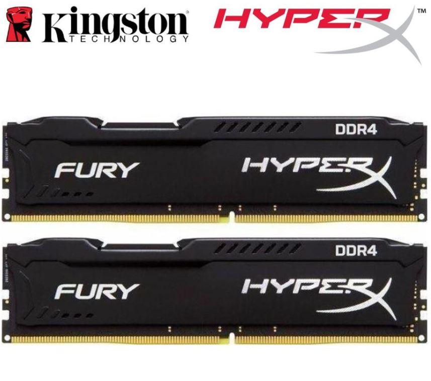 KINGSTON HyperX Fury 16GB DDR4 memory kit with two 8GB modules, featuring a sleek heatsink design for efficient cooling.