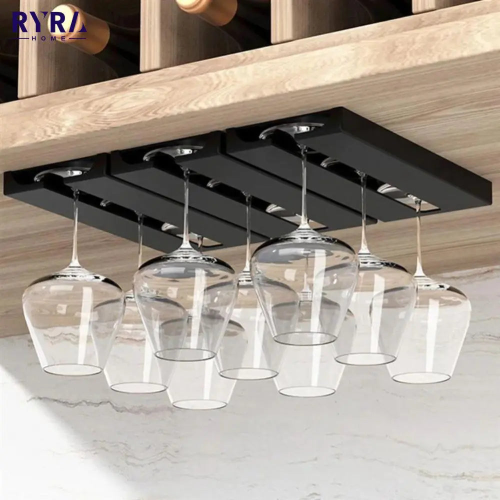 Wall-mounted wine glasses holder in white and black, showcasing elegant stemware storage solution for kitchens.