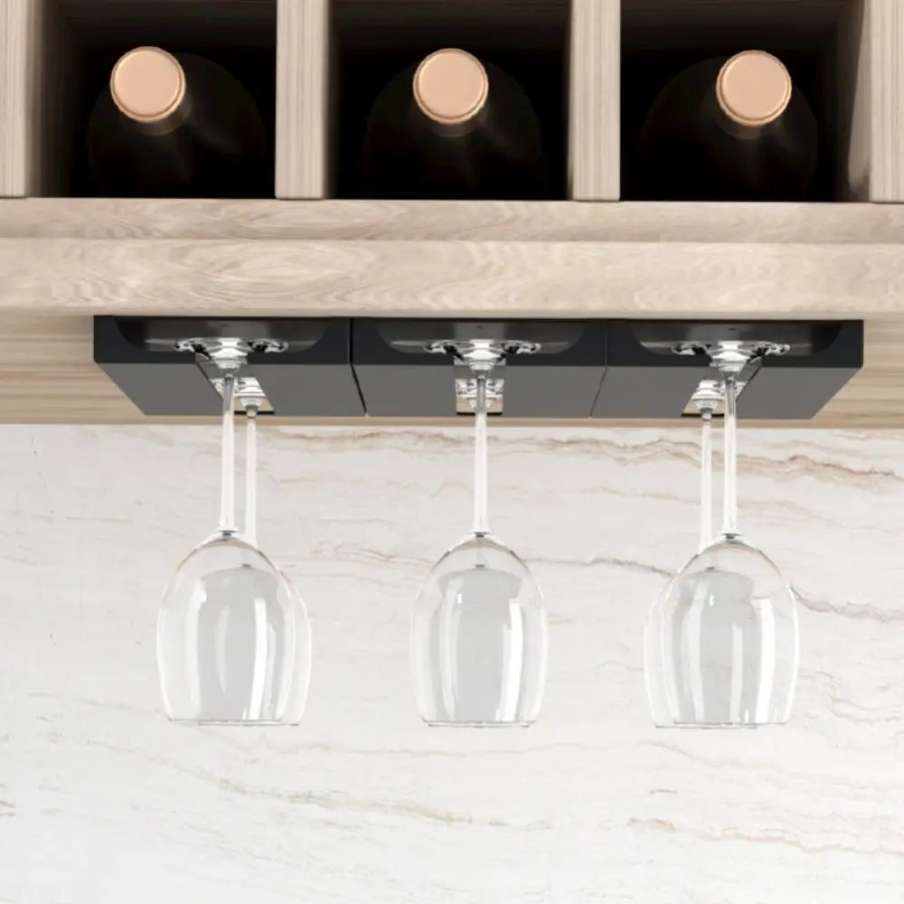 Wall-mounted wine glasses holder in white and black, showcasing elegant stemware storage solution for kitchens.