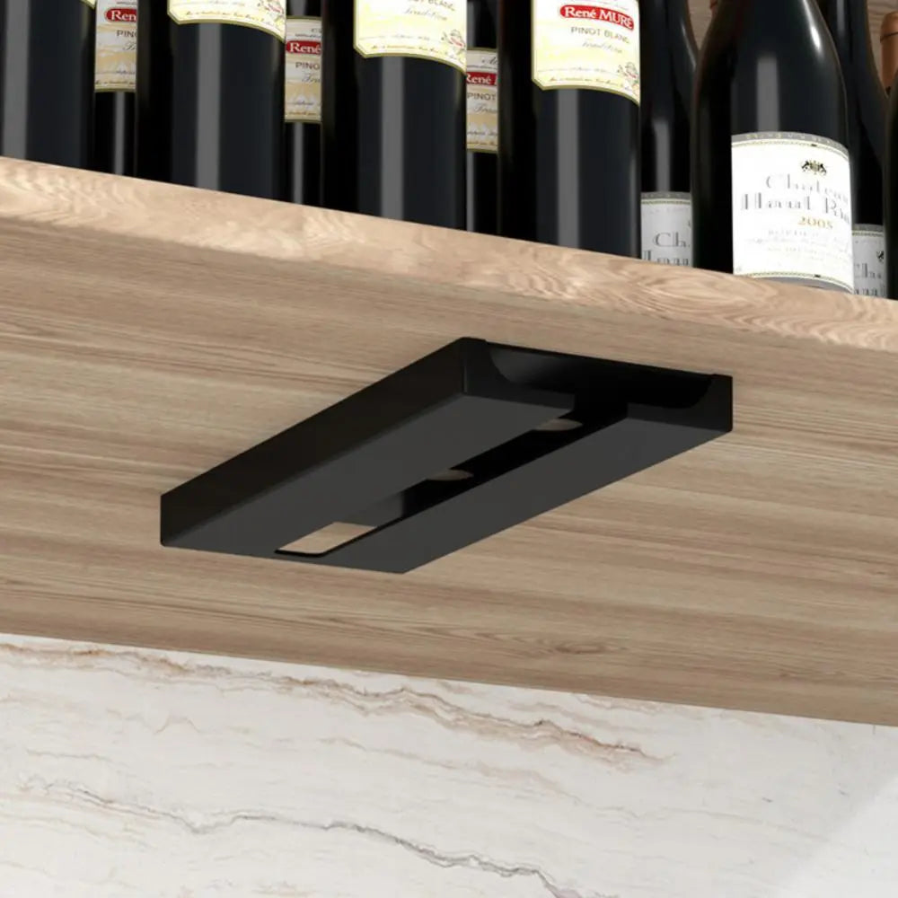 Wall-mounted wine glasses holder in white and black, showcasing elegant stemware storage solution for kitchens.