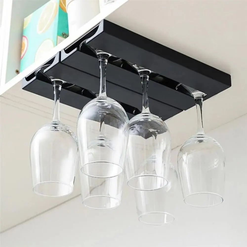 Wall-mounted wine glasses holder in white and black, showcasing elegant stemware storage solution for kitchens.