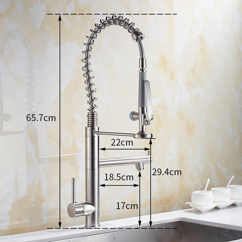 Chrome brass tall kitchen faucet with pull-out spray and single handle, featuring a modern design and 360-degree swivel spout.