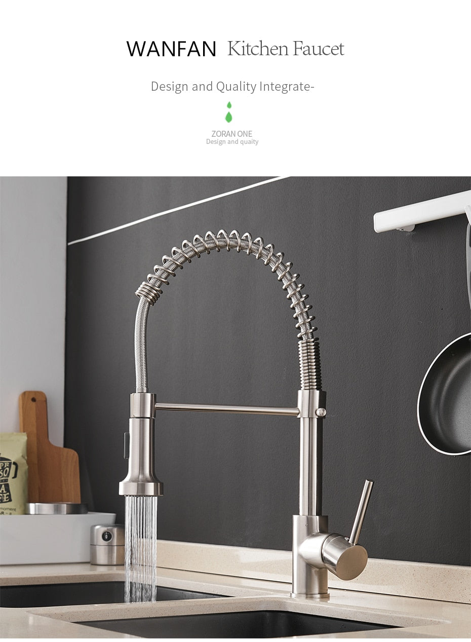 WANFAN brushed brass kitchen faucet with single lever and pull-down spray head, showcasing a contemporary design for modern kitchens.