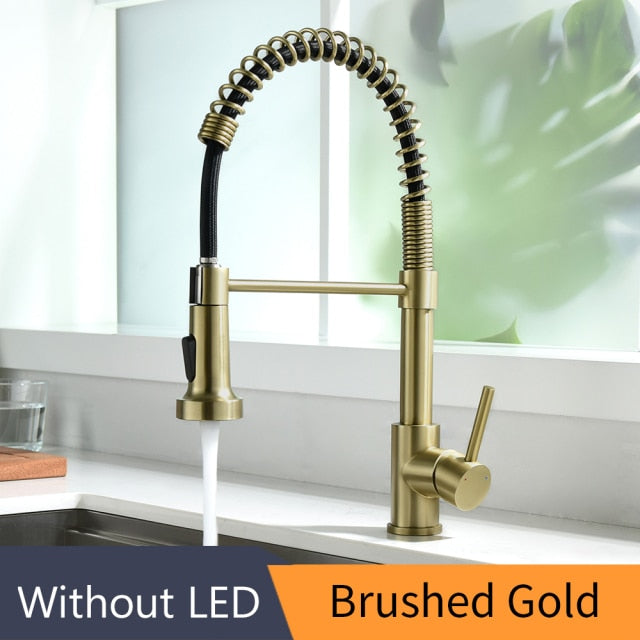 WANFAN brushed brass kitchen faucet with single lever and pull-down spray head, showcasing a contemporary design for modern kitchens.