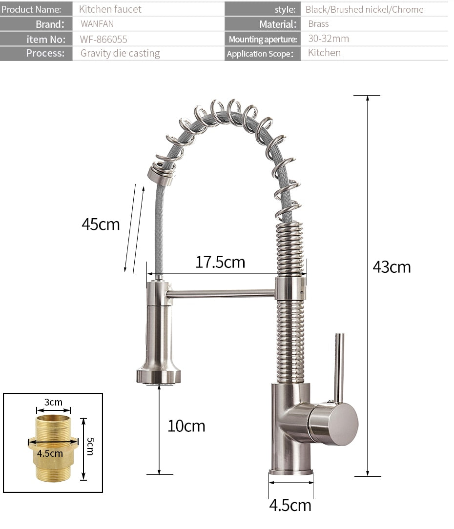 WANFAN brushed brass kitchen faucet with single lever and pull-down spray head, showcasing a contemporary design for modern kitchens.