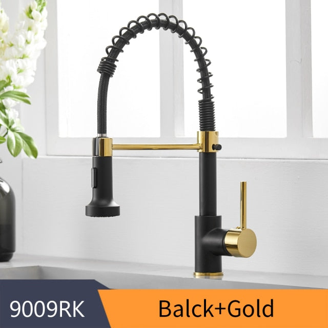 WANFAN brushed brass kitchen faucet with single lever and pull-down spray head, showcasing a contemporary design for modern kitchens.