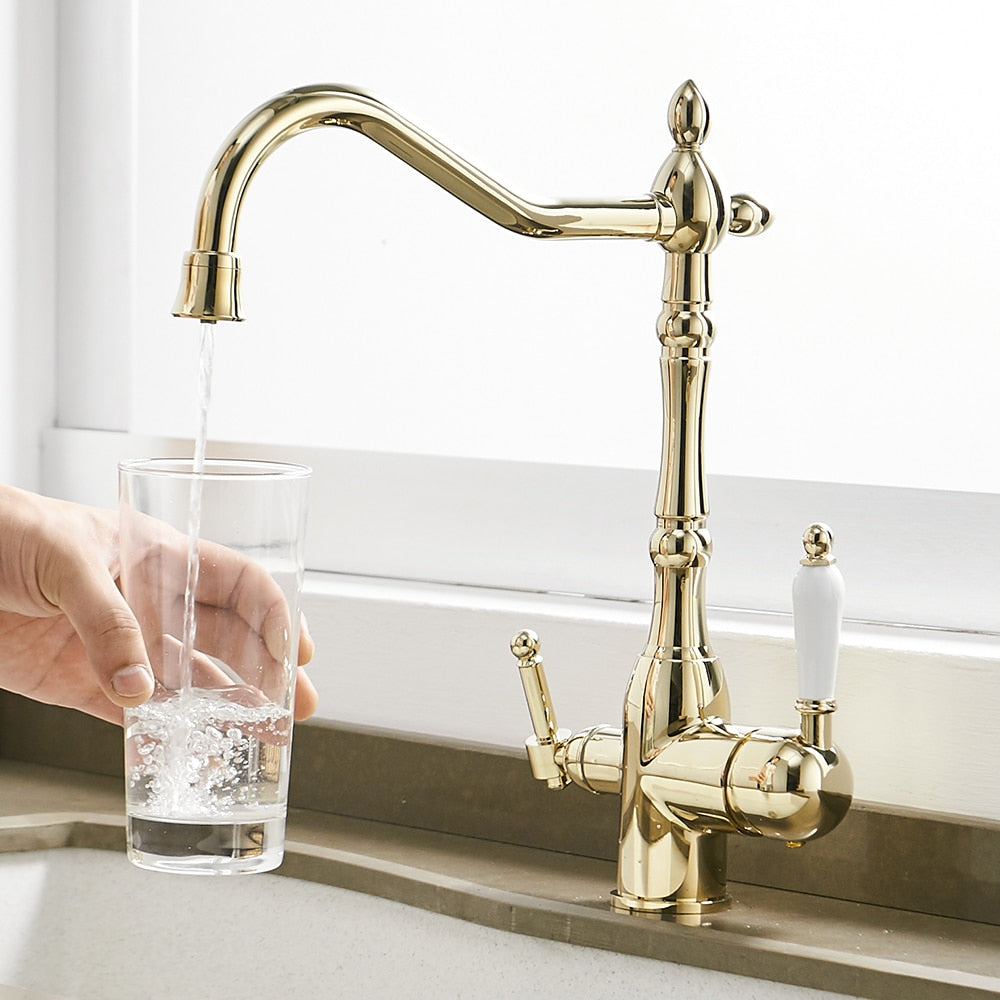 A stylish kitchen faucet with 360-degree rotation, featuring dual handles and a polished chrome finish, perfect for modern kitchens.