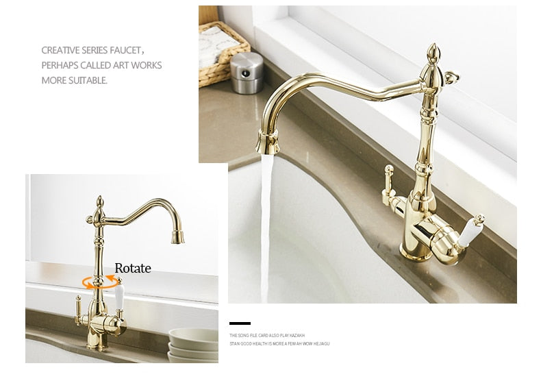 A stylish kitchen faucet with 360-degree rotation, featuring dual handles and a polished chrome finish, perfect for modern kitchens.