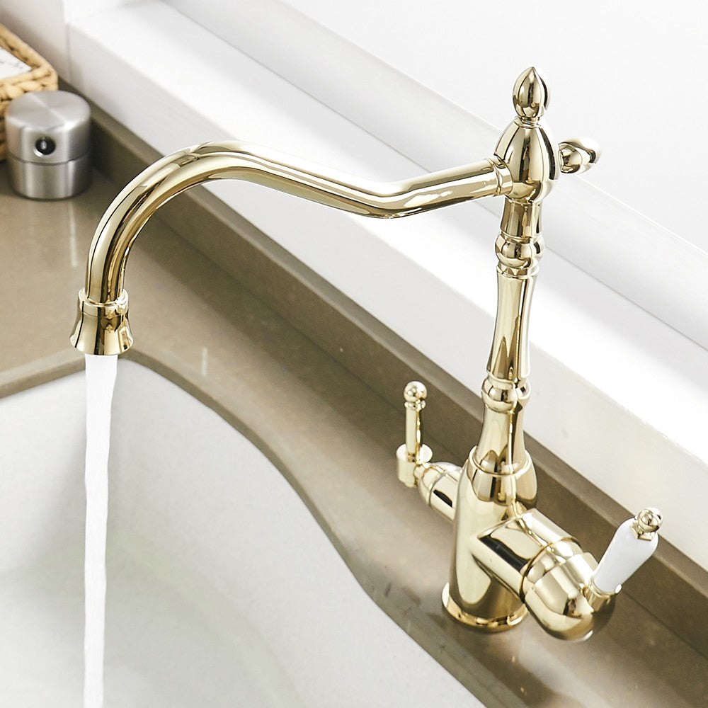 A stylish kitchen faucet with 360-degree rotation, featuring dual handles and a polished chrome finish, perfect for modern kitchens.