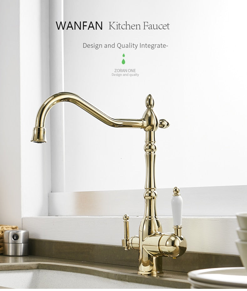 A stylish kitchen faucet with 360-degree rotation, featuring dual handles and a polished chrome finish, perfect for modern kitchens.