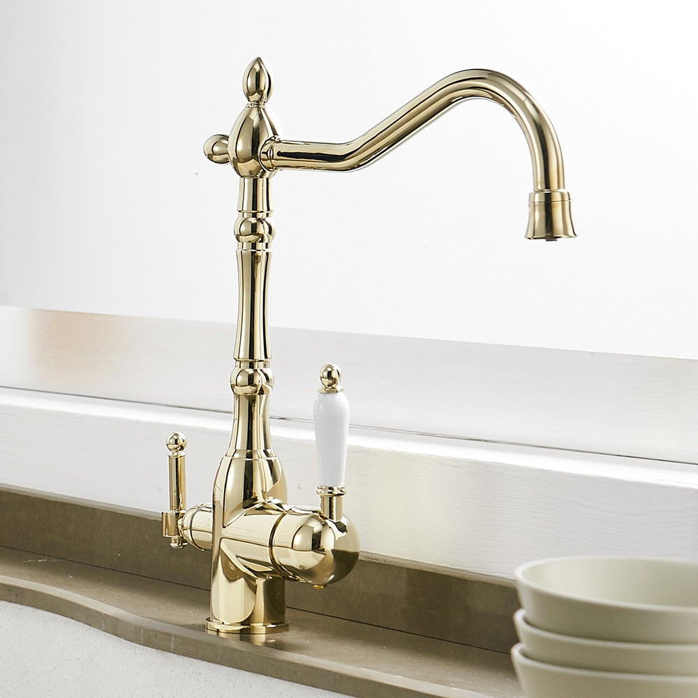 A stylish kitchen faucet with 360-degree rotation, featuring dual handles and a polished chrome finish, perfect for modern kitchens.