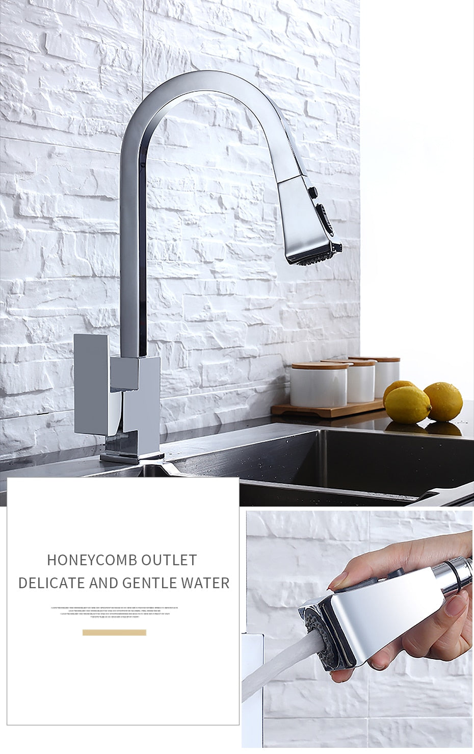 A sleek silver kitchen faucet with a pull-out tap and single hole handle, made of solid brass, featuring a 360-degree swivel design.