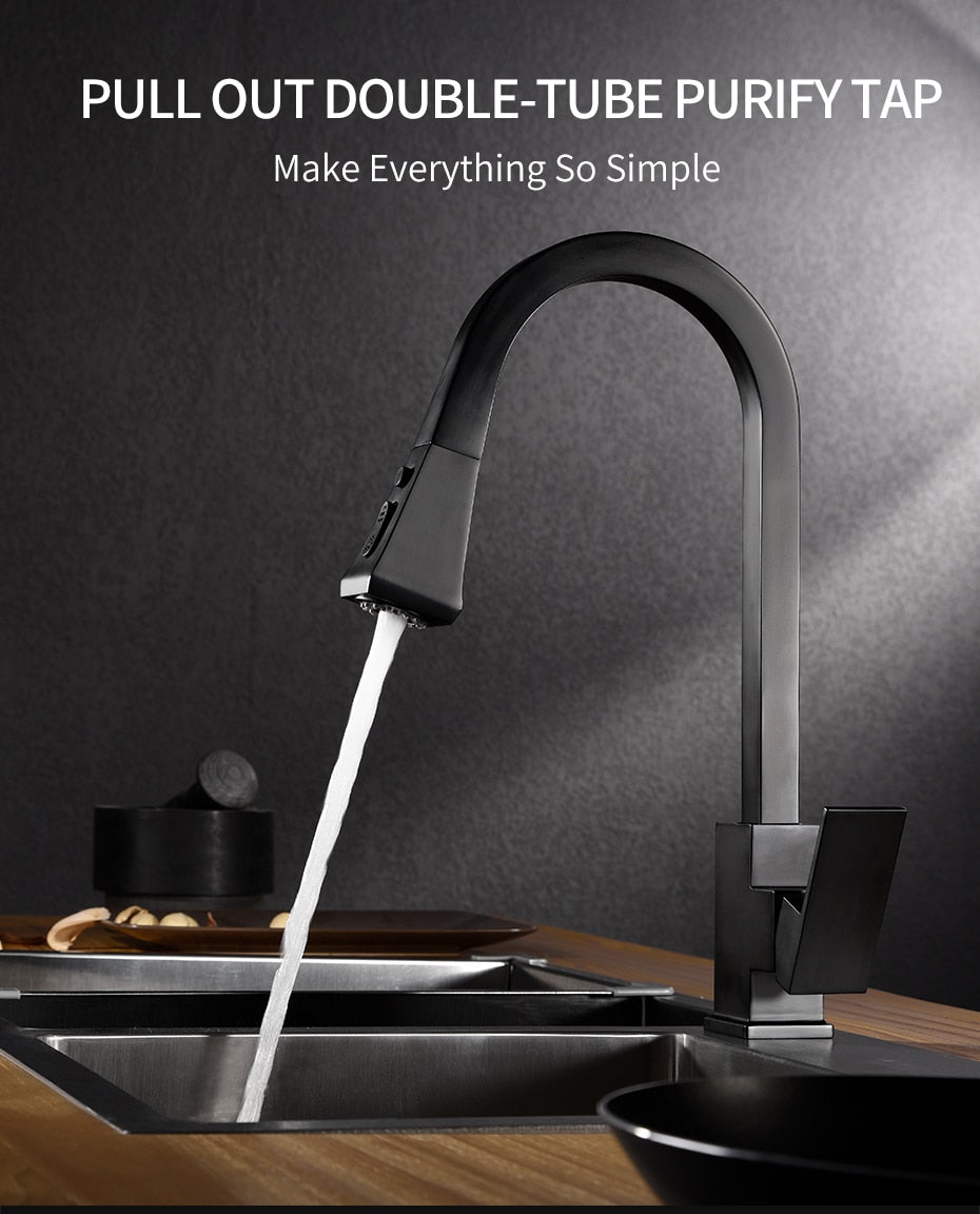 A sleek silver kitchen faucet with a pull-out tap and single hole handle, made of solid brass, featuring a 360-degree swivel design.