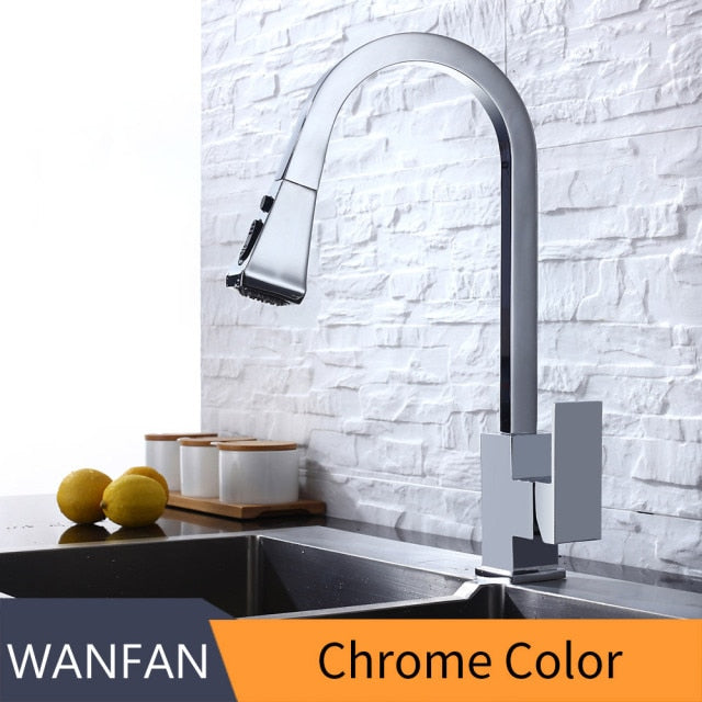 A sleek silver kitchen faucet with a pull-out tap and single hole handle, made of solid brass, featuring a 360-degree swivel design.