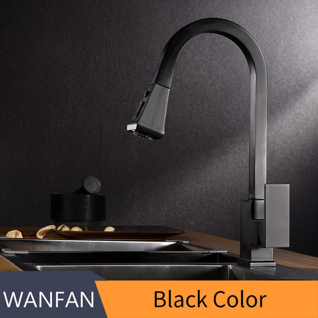 A sleek silver kitchen faucet with a pull-out tap and single hole handle, made of solid brass, featuring a 360-degree swivel design.