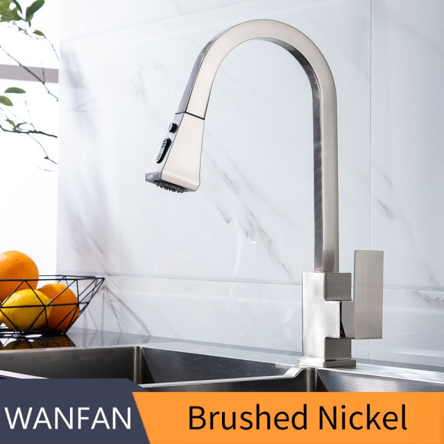 A sleek silver kitchen faucet with a pull-out tap and single hole handle, made of solid brass, featuring a 360-degree swivel design.