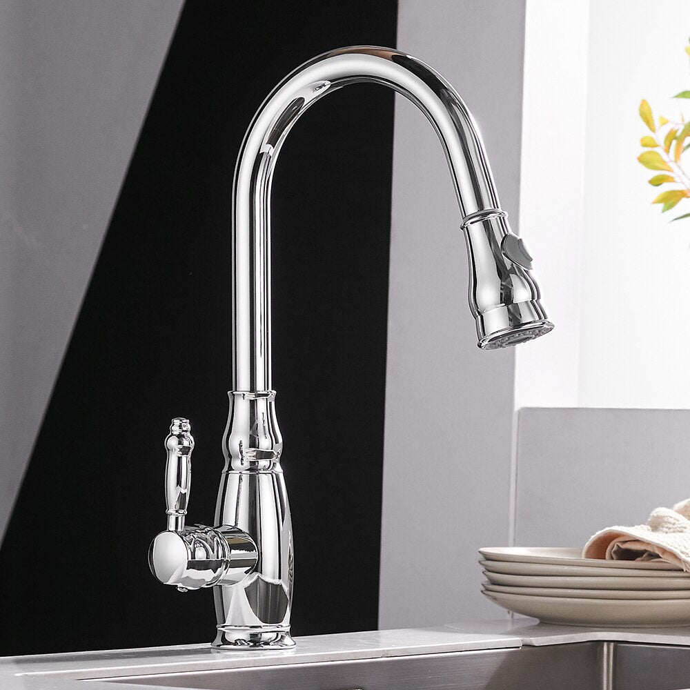 WANFAN Gold Pull Out Kitchen Faucet with brushed nickel finish, single handle, and pull-out spray feature, designed for modern kitchens.