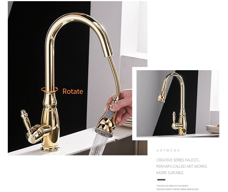 WANFAN Gold Pull Out Kitchen Faucet with brushed nickel finish, single handle, and pull-out spray feature, designed for modern kitchens.