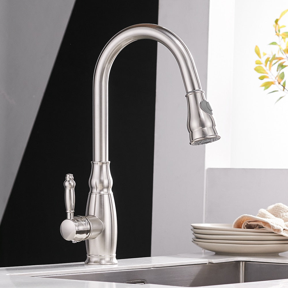 WANFAN Gold Pull Out Kitchen Faucet with brushed nickel finish, single handle, and pull-out spray feature, designed for modern kitchens.