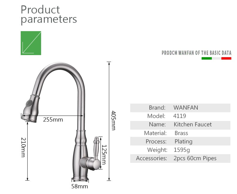 WANFAN Gold Pull Out Kitchen Faucet with brushed nickel finish, single handle, and pull-out spray feature, designed for modern kitchens.