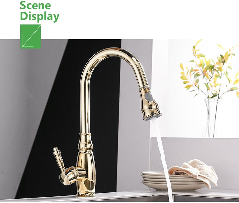 WANFAN Gold Pull Out Kitchen Faucet with brushed nickel finish, single handle, and pull-out spray feature, designed for modern kitchens.