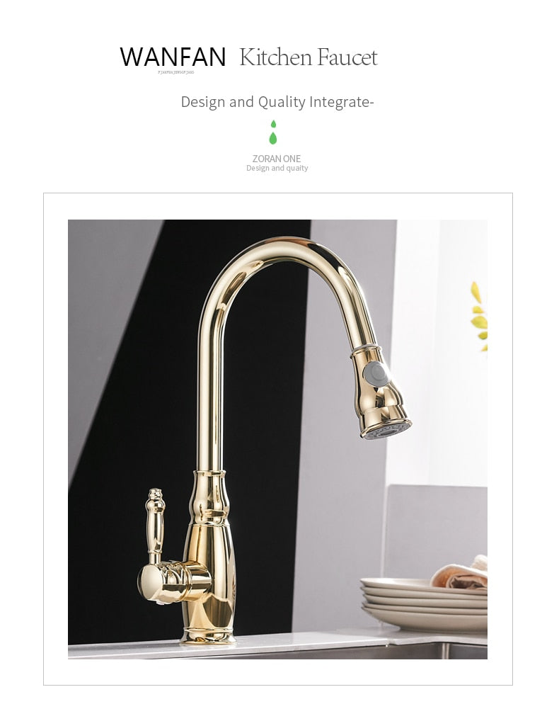 WANFAN Gold Pull Out Kitchen Faucet with brushed nickel finish, single handle, and pull-out spray feature, designed for modern kitchens.