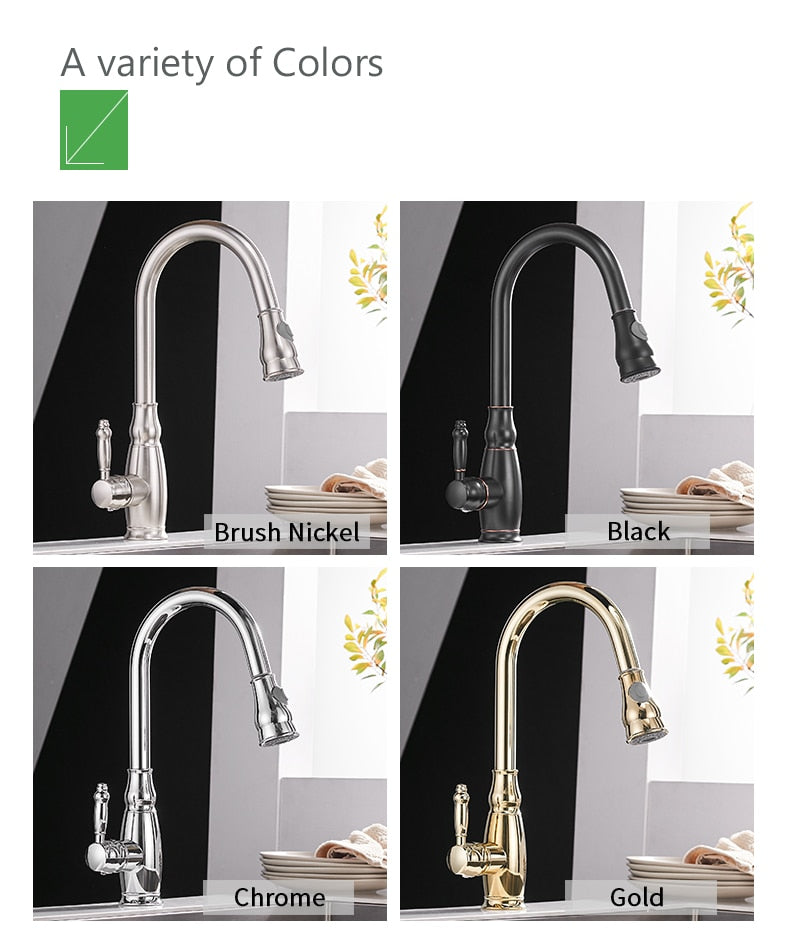 WANFAN Gold Pull Out Kitchen Faucet with brushed nickel finish, single handle, and pull-out spray feature, designed for modern kitchens.