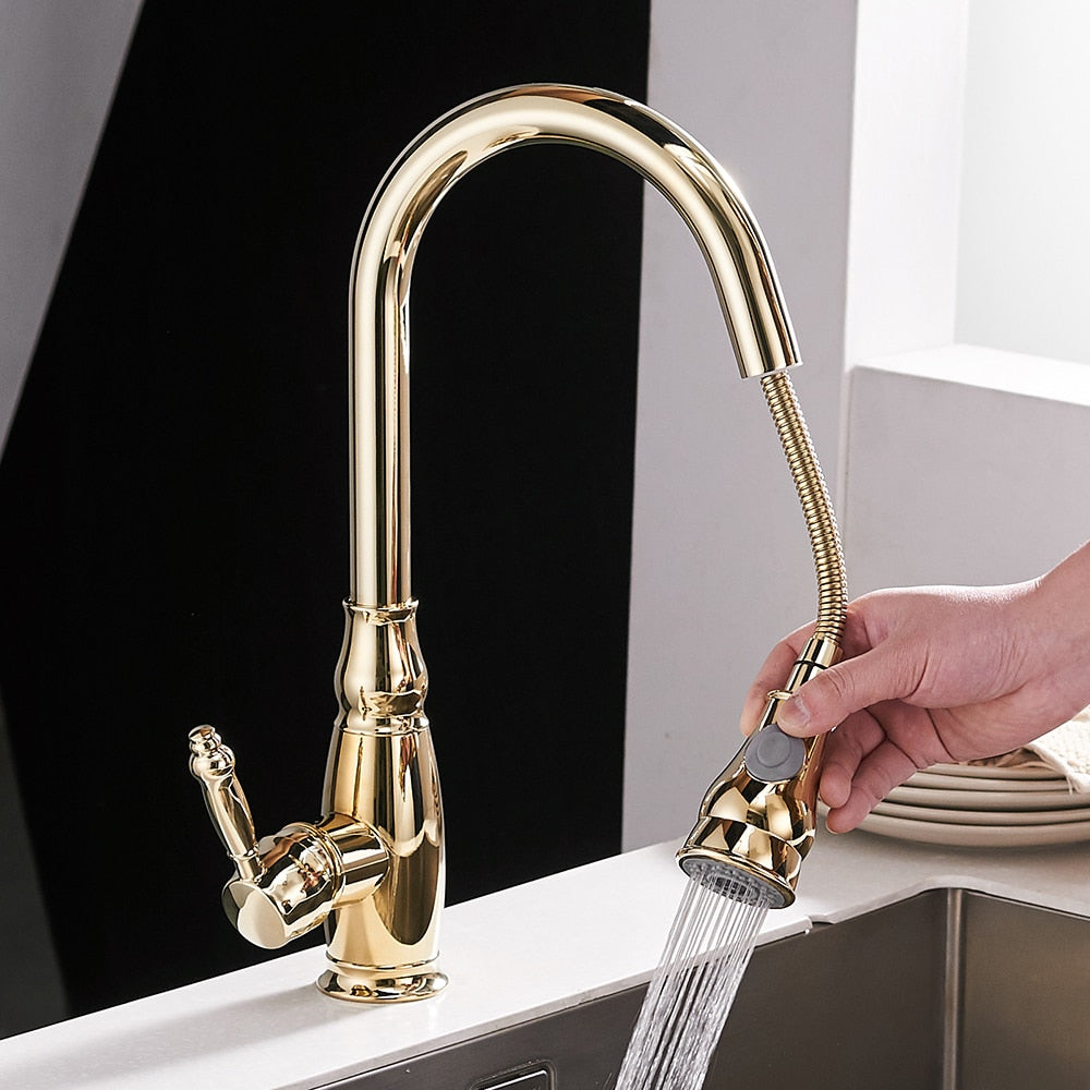 WANFAN Gold Pull Out Kitchen Faucet with brushed nickel finish, single handle, and pull-out spray feature, designed for modern kitchens.