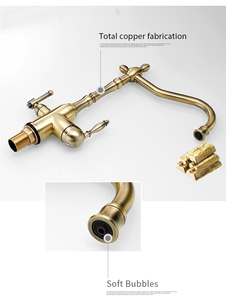 Gold mixer tap with 360-degree rotation and dual handles for hot and cold water, featuring water purification for kitchen use.