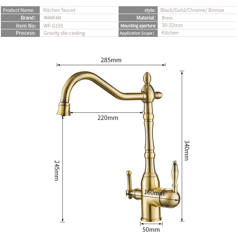 Gold mixer tap with 360-degree rotation and dual handles for hot and cold water, featuring water purification for kitchen use.