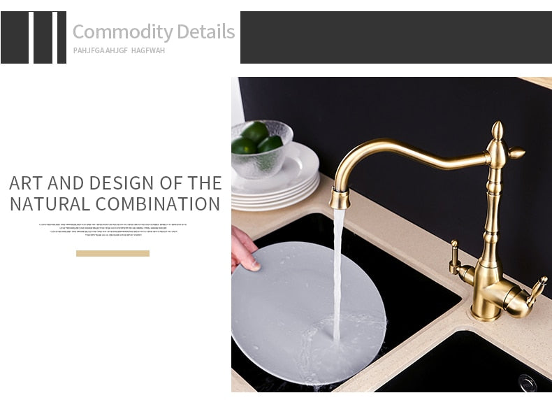 Gold mixer tap with 360-degree rotation and dual handles for hot and cold water, featuring water purification for kitchen use.