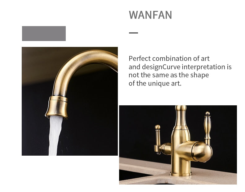 Gold mixer tap with 360-degree rotation and dual handles for hot and cold water, featuring water purification for kitchen use.