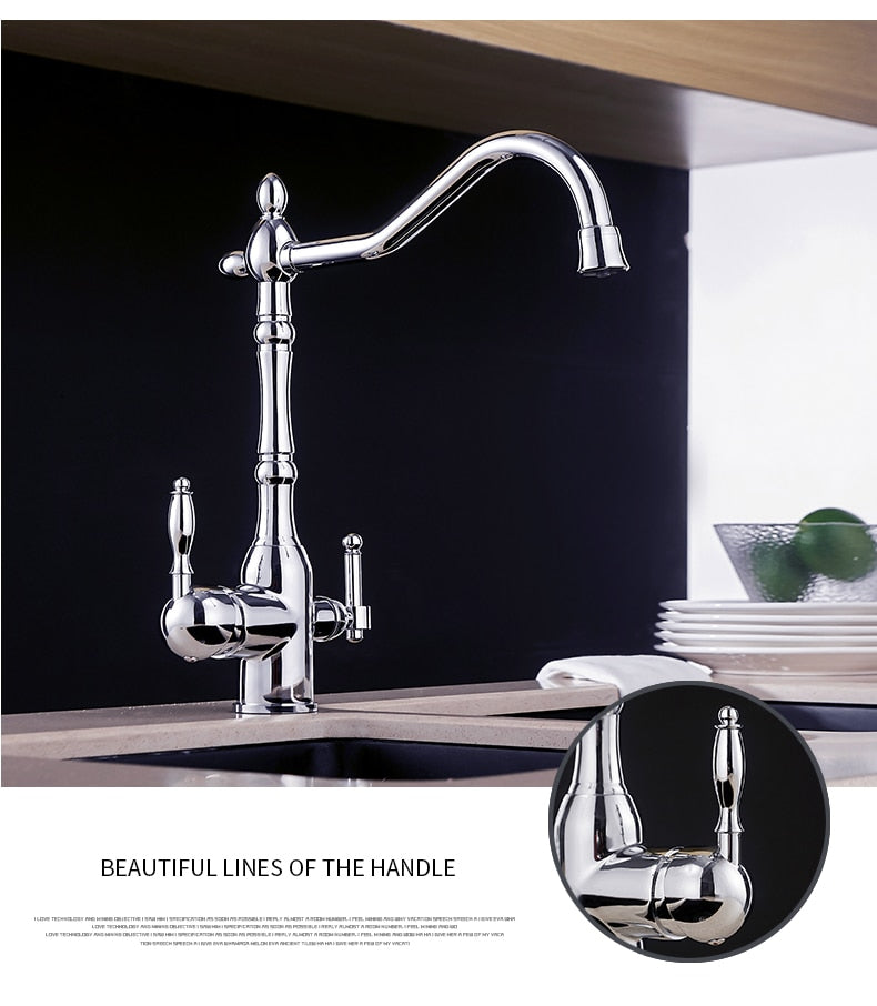 Gold mixer tap with 360-degree rotation and dual handles for hot and cold water, featuring water purification for kitchen use.