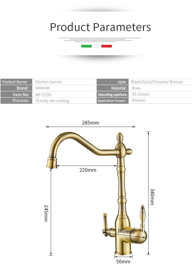 Gold mixer tap with 360-degree rotation and dual handles for hot and cold water, featuring water purification for kitchen use.