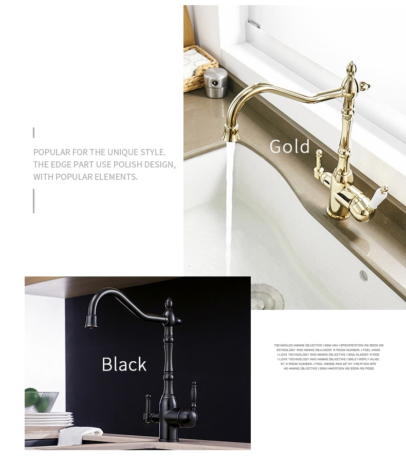 Gold mixer tap with 360-degree rotation and dual handles for hot and cold water, featuring water purification for kitchen use.