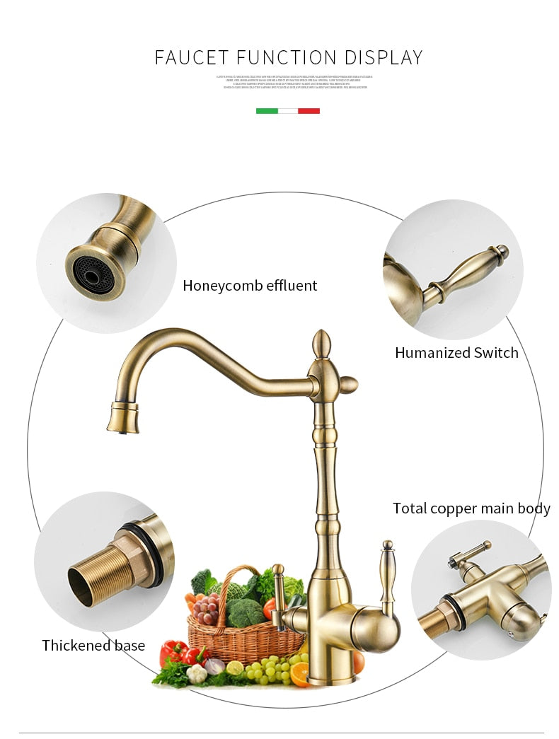 Gold mixer tap with 360-degree rotation and dual handles for hot and cold water, featuring water purification for kitchen use.