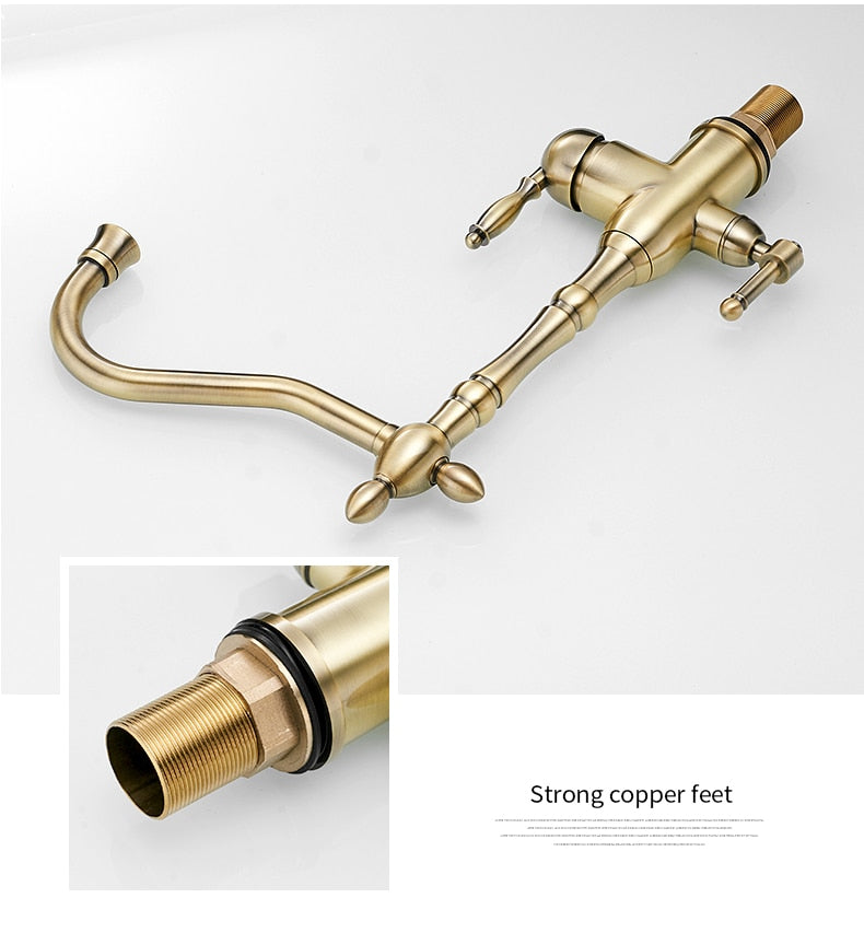 Gold mixer tap with 360-degree rotation and dual handles for hot and cold water, featuring water purification for kitchen use.