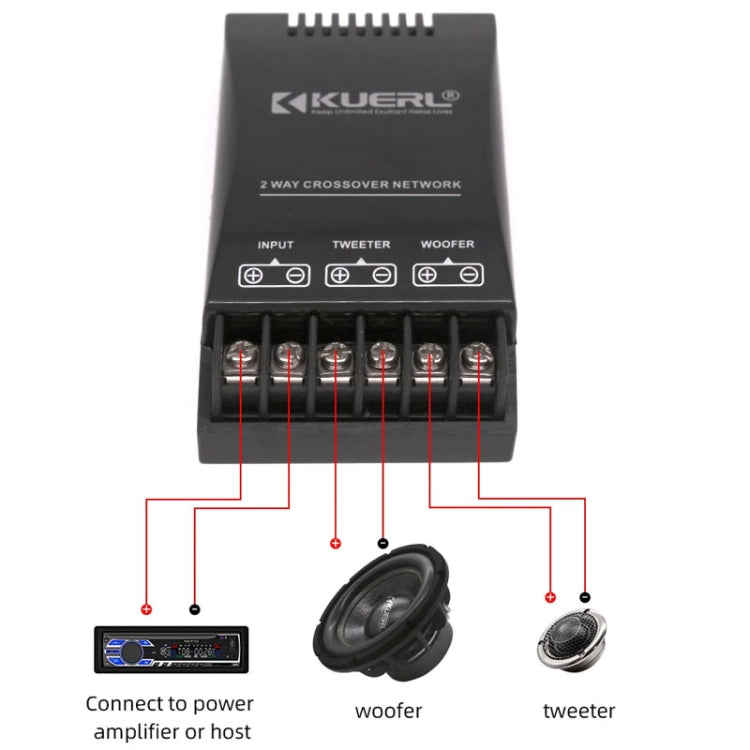 KUERL 2 Way Car Audio Frequency Divider, a compact and lightweight stereo crossover designed for easy installation in various car models.