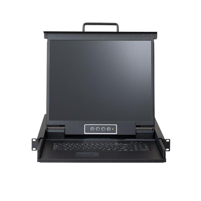 KVM 1RU Rackmount Console featuring a 19-inch monitor, keyboard, and touchpad, designed for efficient computer management.