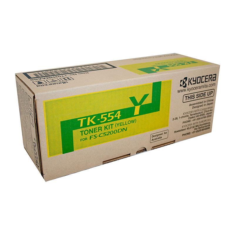 KYOCERA TK554 Yellow Toner cartridge, designed for high-quality printing, yielding 6,000 pages, compatible with Kyocera FSC5200DN printer.