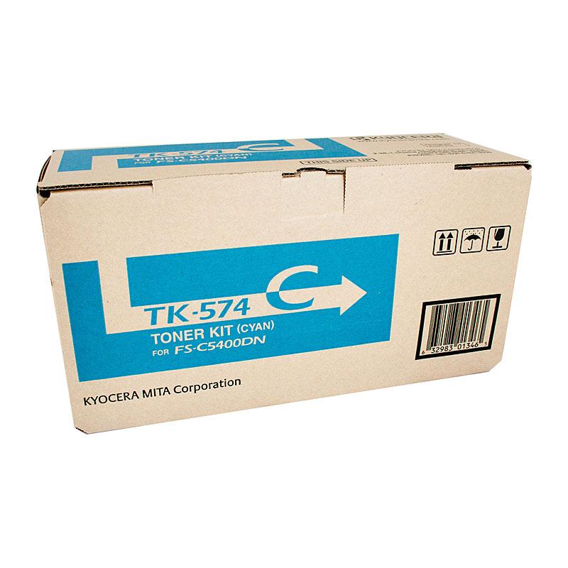 KYOCERA TK574 Cyan Toner cartridge, showcasing its vibrant cyan color and packaging design.