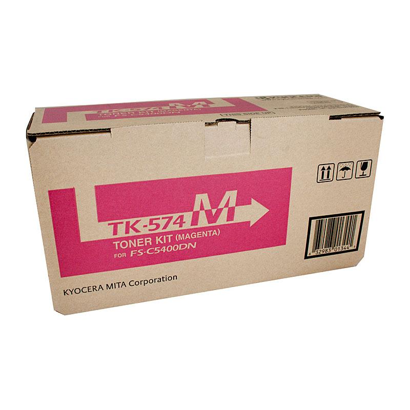 KYOCERA TK574 Magenta Toner cartridge, designed for high-quality printing with a yield of 12,000 pages, compatible with Kyocera printers.