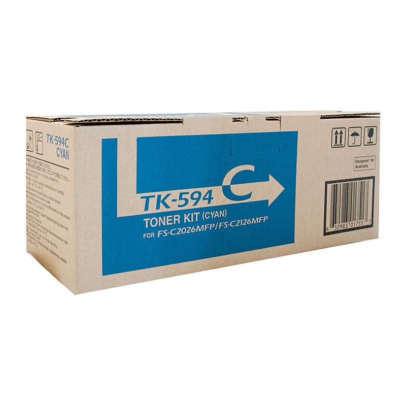 KYOCERA TK594 Cyan Toner cartridge, vibrant blue color, designed for high-quality printing.