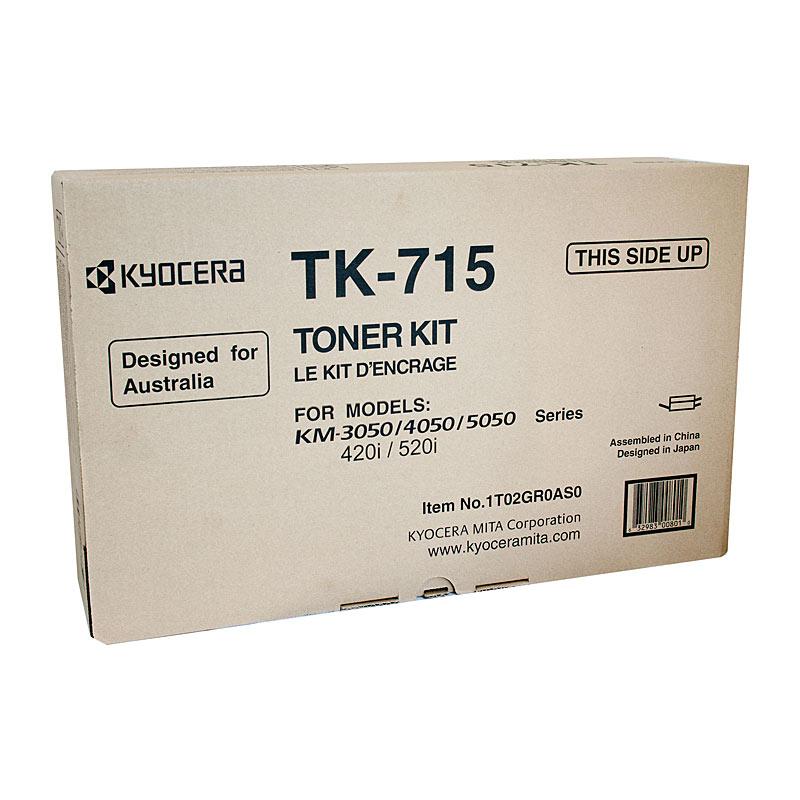 KYOCERA TK715 Toner Kit featuring genuine black toner cartridges, designed for high-volume printing with a yield of 34,000 pages.