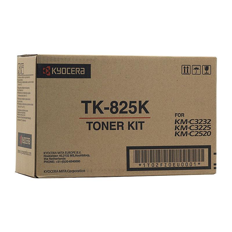 KYOCERA TK825 Black Toner cartridge, designed for high-quality printing, yielding 15,000 pages, compatible with various KYOCERA printers.