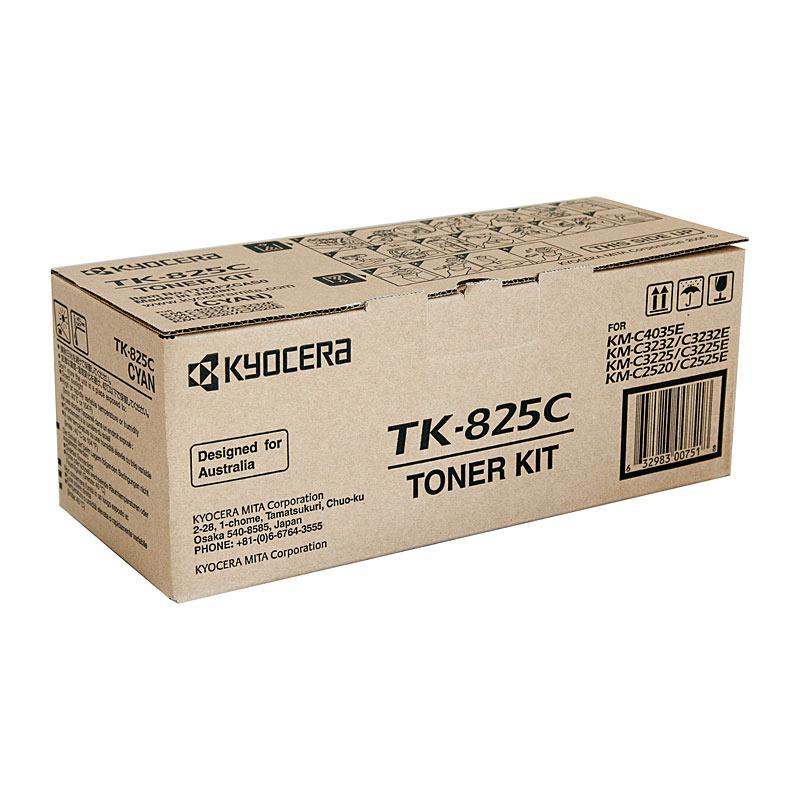 KYOCERA TK825 Cyan Toner cartridge, designed for high-quality printing, yielding 7,000 pages, compatible with various KYOCERA printers.