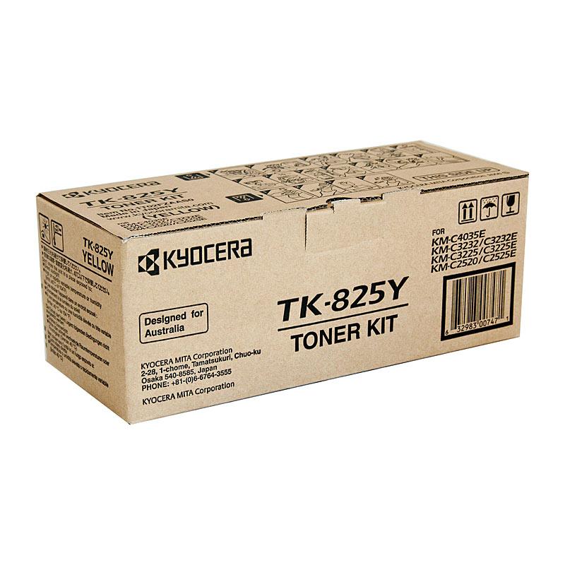 KYOCERA TK825 Yellow Toner cartridge, designed for high-quality printing with a yield of 7,000 pages, compatible with various Kyocera printers.