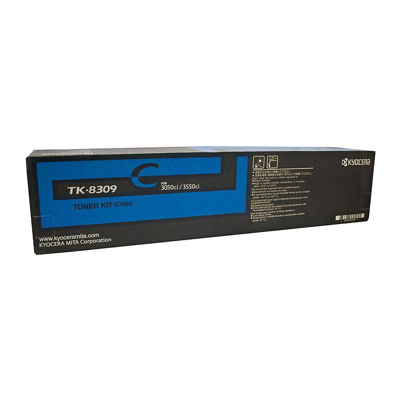 KYOCERA TK8309C Cyan Toner cartridge, designed for high-quality printing with a yield of 15,000 pages, compatible with various Kyocera printers.