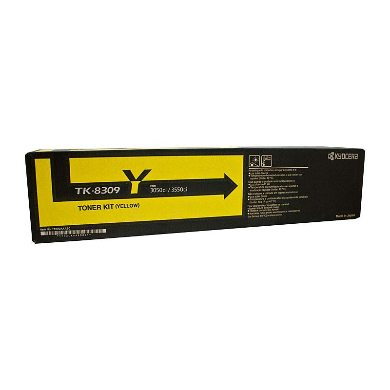 KYOCERA TK8309Y Yellow Toner cartridge, designed for high-quality printing with a yield of 15,000 pages, compatible with various Kyocera printers.